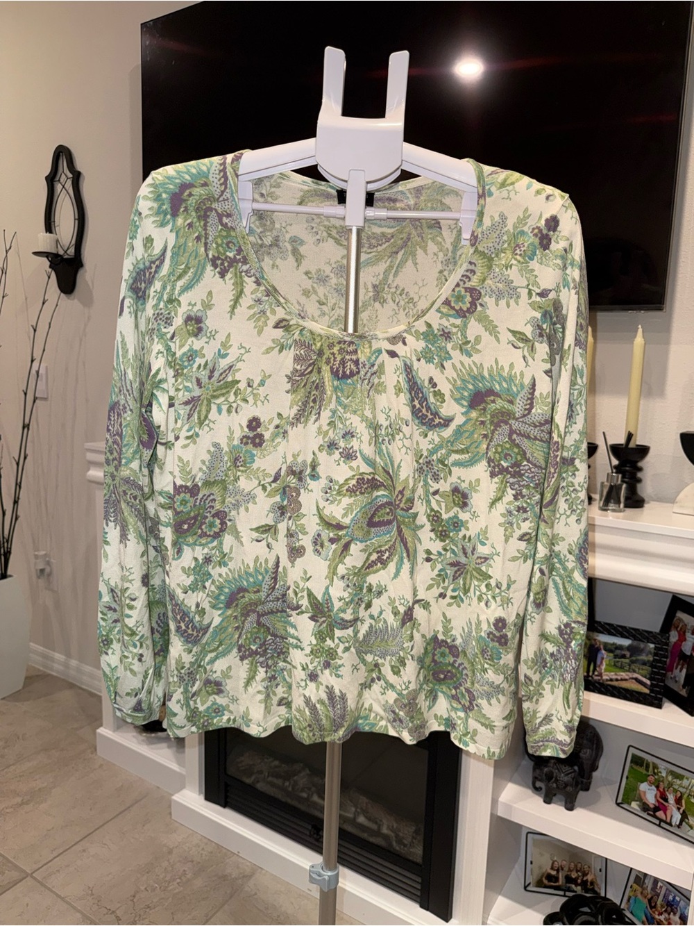 Talbots Green Paisley-Print Long-Sleeve Blouse Size XL
